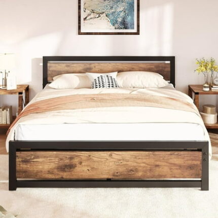 Garvee Full Size Bed Frame Platform with Headboard Industrial 14 inch Full Bedframe No Box Spring Needed Retro Brown Brown - Queen