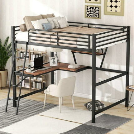 Kacho Full Size Loft Bed with Desk and Shelf Metal Loft Bed Frame Loft Bed with Ladders and Safety Guardrails for Boys Girls Teens Heavy Duty Bedframe Space-Saving No Box Spring Needed Black