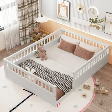 Kamsly Full Size Montessori Floor Bed Lower Wooden Full Bed Frame Solid Wood Playhouse Bedframe with Safety Fence for Kids Girls Boys Bedroom Playroom Easy Assembly White