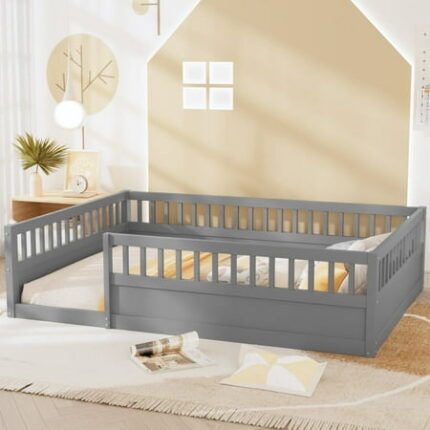 Kamsly Full Size Montessori Floor Bed Lower Wooden Full Bed Frame Solid Wood Playhouse Bedframe with Safety Fence for Kids Girls Boys Bedroom Playroom Easy Assembly Gray