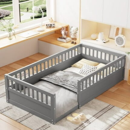Kamsly Twin Size Montessori Floor Bed Lower Wooden Twin Bed Frame Solid Wood Playhouse Bedframe with Safety Fence for Kids Girls Boys Bedroom Playroom Easy Assembly Gray