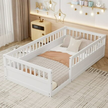 Kamsly Twin Size Montessori Floor Bed Lower Wooden Twin Bed Frame Solid Wood Playhouse Bedframe with Safety Fence for Kids Girls Boys Bedroom Playroom Easy Assembly White
