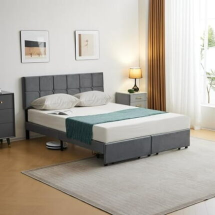 Karl home Upholstered Bed Frame Queen Bed Frame with Headboard Bedframe Upholstered Bed with 2 Drawers No Box Spring Needed Dark Grey