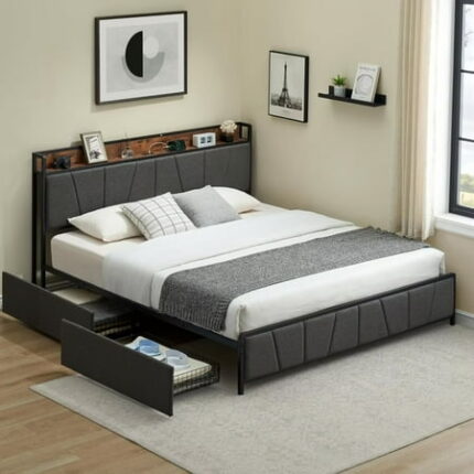 King Size Bed Frame with 2 Storage Drawers Upholstered Platform Bedframe with Storage Headboard & Charging Station No Box Spring Needed Easy Assembly Gray