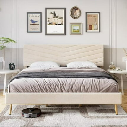 King Size Bed Frame with Adjustable Headboard Upholstered Platform Bedframe with Solid Wood Slats Support No Box Spring Needed Beige