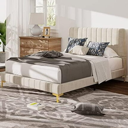 LIKIMIO Upholstered Bed Frame Queen Velvet Bed Frame Queen Size Bed Frame with Headboard Boho Bedframe Mattress Foundation No Box Spring Needed Beige