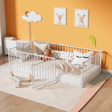 Multifunctional Twin Size Floor Bed Montessori Bedframe with Fence and Door Metal Floor Bed Frame Bedroom Furniture for Kids Toddlers Boys Girls No Box Spring Needed White