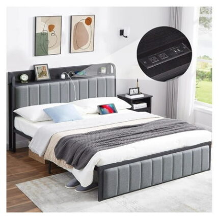 Queen Bed Frame Storage Upholstered Headboard with Charging Station Platform Bedframe Heavy Duty Metal Slats No Box Spring Needed Noise-Free Easy Assembly Dark Grey