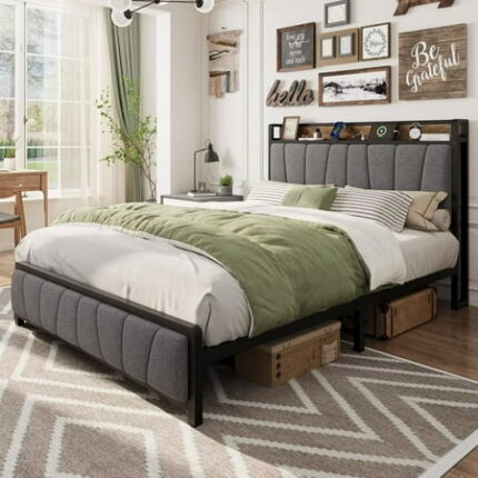 Queen Size Bed Frame with 2 Storage Drawers Upholstered Platform Bedframe with Storage Headboard & Charging Station No Box Spring Needed Easy Assembly Gray