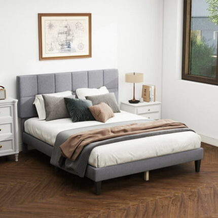 Queen Size Bed Frame with Headboard Upholstered Platform Bedframe Noise Free Frames with Solid Wooden Slats No Box Spring Needed