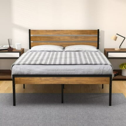 Queen Size Bed Frame with Wooden Headboard Footboard Farmhouse Platform Bedframe with Metal Slat No Box Spring Needed Rustic Brown