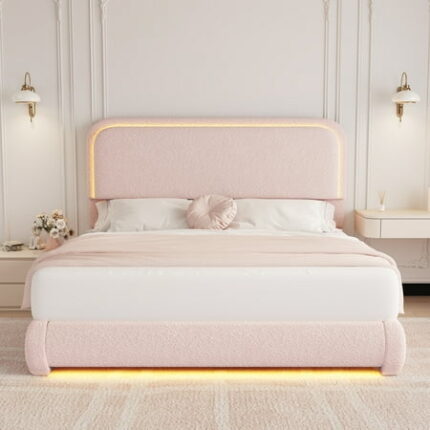 SIBEDS Full LED Bed Frame Teddy Fleece Upholstered Platform Bedframe No Box Spring Needed Pink