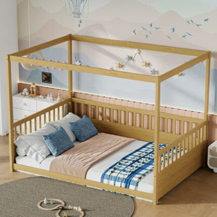 Tcbosik Canopy Bed Frame with 4 Posters High Fence Full Size Wood Bedframe Easy Assembly Natural Color