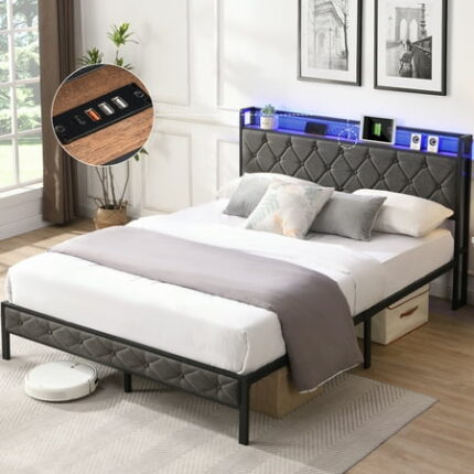 Tcbosik Queen Size Metal Bed Frame Upholstered Platform Bedframe with Charging Station and LED Light Noise Free & Easy Assembly Gray