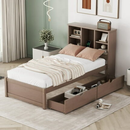 Twin Size Bed Frame Bedframe With Built-in USB Port on Bookcase Headboard and 2 Drawers Walnut