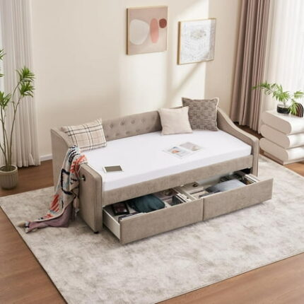 Twin Size Daybed with Storage Upholstered Day Bed Frame with Drawers USB Tufted Backrest Wood Slat Support Bedframe Velvet Sofa Bed for Living Room Bedroom Guest Room Light Camel