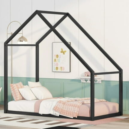 Twin Size House Bed Metal Bed Frame without Slat Bedframes for Bedroom No Spring Needed Easy Assembly Black