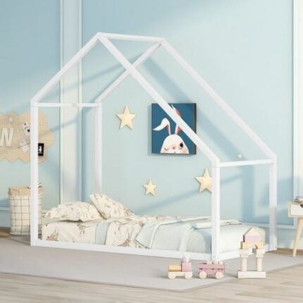 Twin Size House Bed Metal Bed Frame without Slat Bedframes for Bedroom No Spring Needed Easy Assembly White
