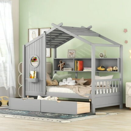 Twin Size House Bed with 2 Drawers and Storage Shelves Wooden House Platform Bed Frame with Roof and Window Twin Low House Bedframe for Boys Girls Teens Bedroom Gray