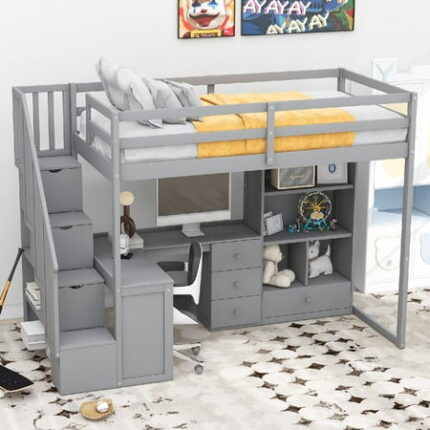 Twin Size Loft Bed Frame with L-Shaped Desk and Drawers Multifunctional Wooden Beds Frame With Cabinet and Storage Staircase Bedframe with Safety Guard Rails Easy Assembly Gray