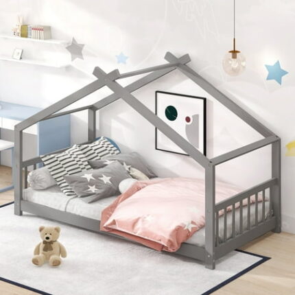 Twin Size Wood House Bed Wooden Bedframe with Roof Headboard and Footboard Low Floor Twin Bed Frame for Kids Teens No Box Spring Needed Gray