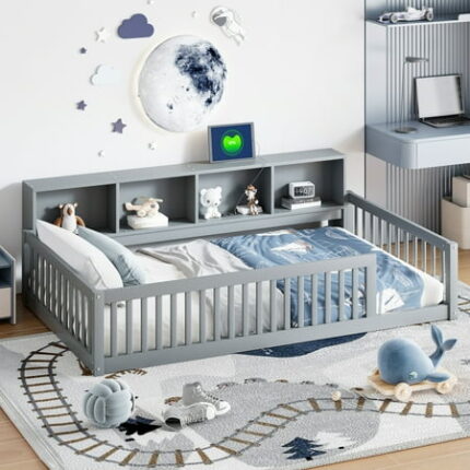 Twin XL Size Floor Bed Montessori Floor Bed Frame with Slats Storage Cabinets and USB Ports Solid Wood Floor Bedframe for Kids Girls and Boys Gray