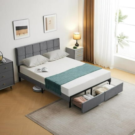 Upholstered Bed Frame Queen Bed Frame with Headboard Bedframe Upholstered Bed with 2 Drawers No Box Spring Needed Dark Grey