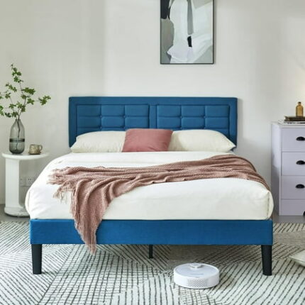VECELO Twin Size Upholstered Bed Frame with Height Adjustable Fabric Headboard Heavy-Duty Platform Bedframe/Mattress Foundation/Strong Wood Slat Support/No Box Spring Needed Dark Gray
