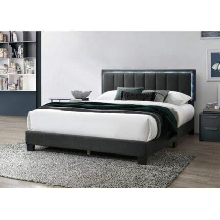 1Pc Queen Size Bed Charcoal Wool Fabric Channel Tufting W Led Full Upholstered Bedframe Bedroom Bed Box Spring Not Required Queen Charcoal Wood Bedroom Contemporary Modern Bed Frame Wool