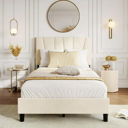 Ataucjin Twin Size Bed Frame with Adjustable Headboard Velvet Upholstered Tufted Twin Platform Bedframe with Strong Wooden Slats Mattress Foundation No Box Spring Needed Easy Assembly