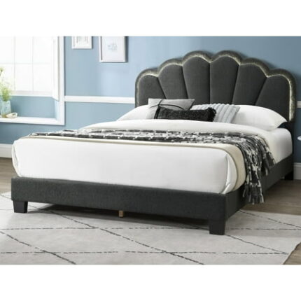 Bed Frame 1pc Queen Size Bed Charcoal Wool Fabric Floral Design Headboard LED Fully Upholstered Platform Bedframe