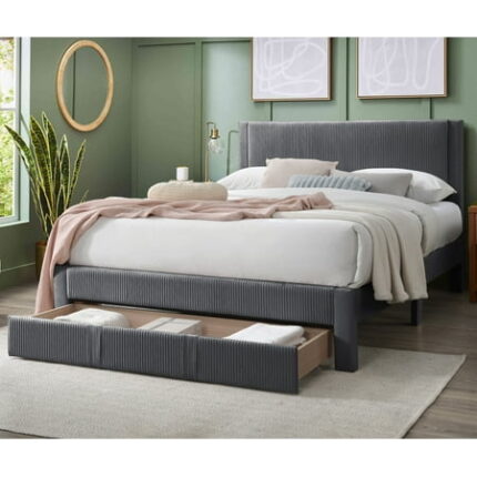Bed Frame Contemporary 1pc Queen Size Bed w Storage Drawer Charcoal Corduroy Texture Design Platform Bedframe