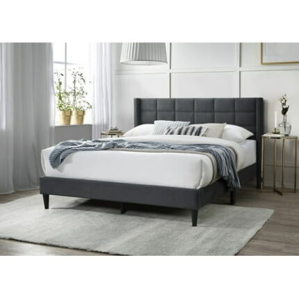 Bed Frame Elegant Modern Charcoal Brushed Linen 1pc Queen Size Bed Upholstered Box Design Headboard Bedframe