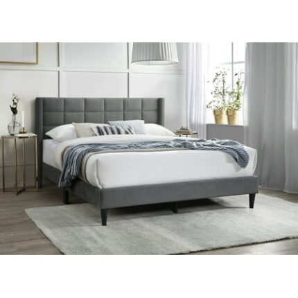 Bed Frame Elegant Modern Gray Brushed Linen 1pc Queen Size Bed Upholstered Box Design Headboard Bedframe