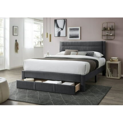 Bed Frame Luxury Contemporary Look 1pc Queen Size Bed w Storage Drawer Charcoal Corduroy Headboard Bedframe