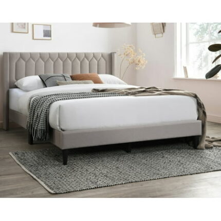 Bed Frame Modern Eye-Catching 1pc Queen Size Bed Light Brown Burlap Fabric Unique Diamond Design Headboard Bedframe