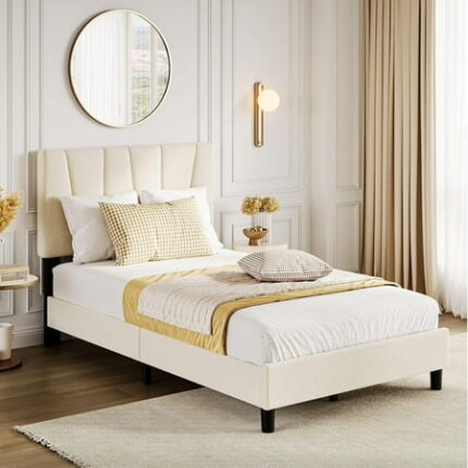 Bed Frame with Adjustable Headboard Velvet Upholstered Tufted Twin Platform Bedframe with Strong Wooden Slats Mattress Foundation No Box Spring Needed