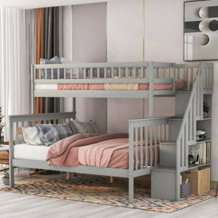 Bunk Bed with Storage Shelves & Guardrail for Dorm Stairway Twin-Over-Full Bunk Bed Frame for Kids Bedroom Pine Wood Bedframe Space Saving Design &No Box Spring Needed Grey
