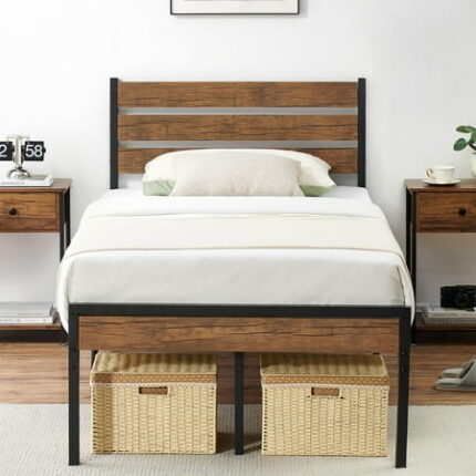 Danolapsi 12 Inch Twin Size Platform Bed Frame with Wood Headboard & Footboard Heavy Duty Steel Mattress Foundation with Slat Support Metal-Wood Platform Bedframe No Box Spring Needed Brown