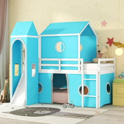 Danolapsi Loft Bed with Slide and Tent Full Size House Loft Bed with Slide Tent and Tower Wood Castle Low Bedframe Playhouse with Window Bed Frame for Boys Girls Teens