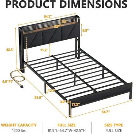 Full Bed Frame with LED Lights Headboard with Charging Station and USB Port Upholstered Platform Bedframe Metal Support No Box Spring Needed