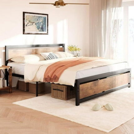 Full Size Bed Frame Platform Industrial Full Bedframe with Wooden Headboard and Footboard No Box Spring Needed 14 inch Easy Assemble Noise Free Mattress Frame Full