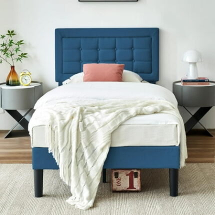 Full Size Bed Frame with Adjustable Headboard Upholstered Button Tufted Platform Bedframe with Wood Slats Support No Box Spring Needed Light Grey