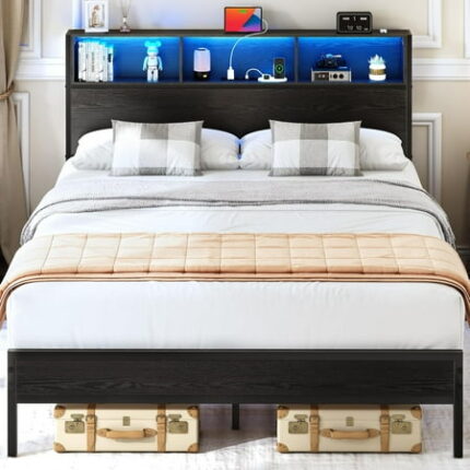 Full Size Bed Frame with Headboard and Charging Station Full Bed Frame with LED Lights Wood Bed Frame Full Size with Footboard Noise-Free Metal Platform Bedframe Box Spring Needed