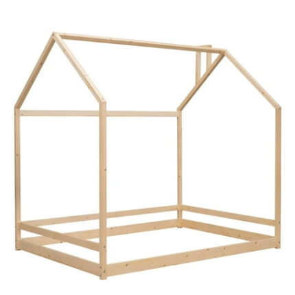 Full Size Kids Bed Frame Solid Wood Playhouse Floor Bed with Slatted Guardrail and Canopy Roof Rack Creative Platform Bedframe for Boys and Girls Slats Not Included Natural