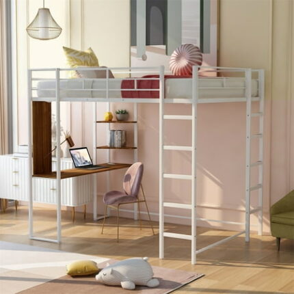 Full Size Loft Bed Metal Bedframe with 2 Shelves & one Desk Full Loft Bed Frame Frame with Two Build-in Ladders & Guardrails for Adults 71.6 H x 57 W x 79.5 L No Box Spring Needed White