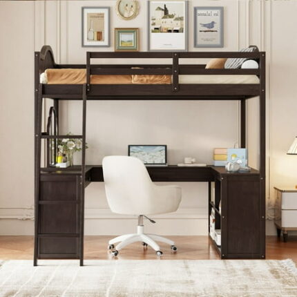 Full Size Loft Bed Wooden Loft Bed Frame with U-shaped Desk Storage Compartments and Tri-fold Mirror Loft Bedframe for Family Kids Teens No Box Spring Needed Espresso