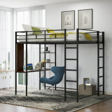 Full Size Metal Loft Bed with 2 Shelves and 1 Desk Sturdy Bedframe with Two Build-in Ladders and Safety Guardrails High Loft Bed Frame for Kids Teens Adults No Box Spring Needed Black
