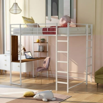 Full Size Metal Loft Bed with 2 Shelves and 1 Desk Sturdy Bedframe with Two Build-in Ladders and Safety Guardrails High Loft Bed Frame for Kids Teens Adults No Box Spring Needed White
