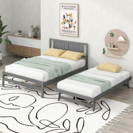 Full Size Platform Bed with Adjustable Trundle Wooden Full Bed Frame with Headboard Full Bedframe with Strong Wood Slat Support Bedroom Furniture Save Space No Box Spring Needed Gray
